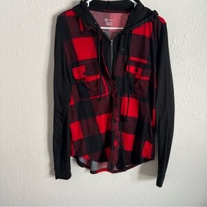 Size XL Juniors Red & Black Plaid Hooded Button-Up Shirt Zip Up Jacket